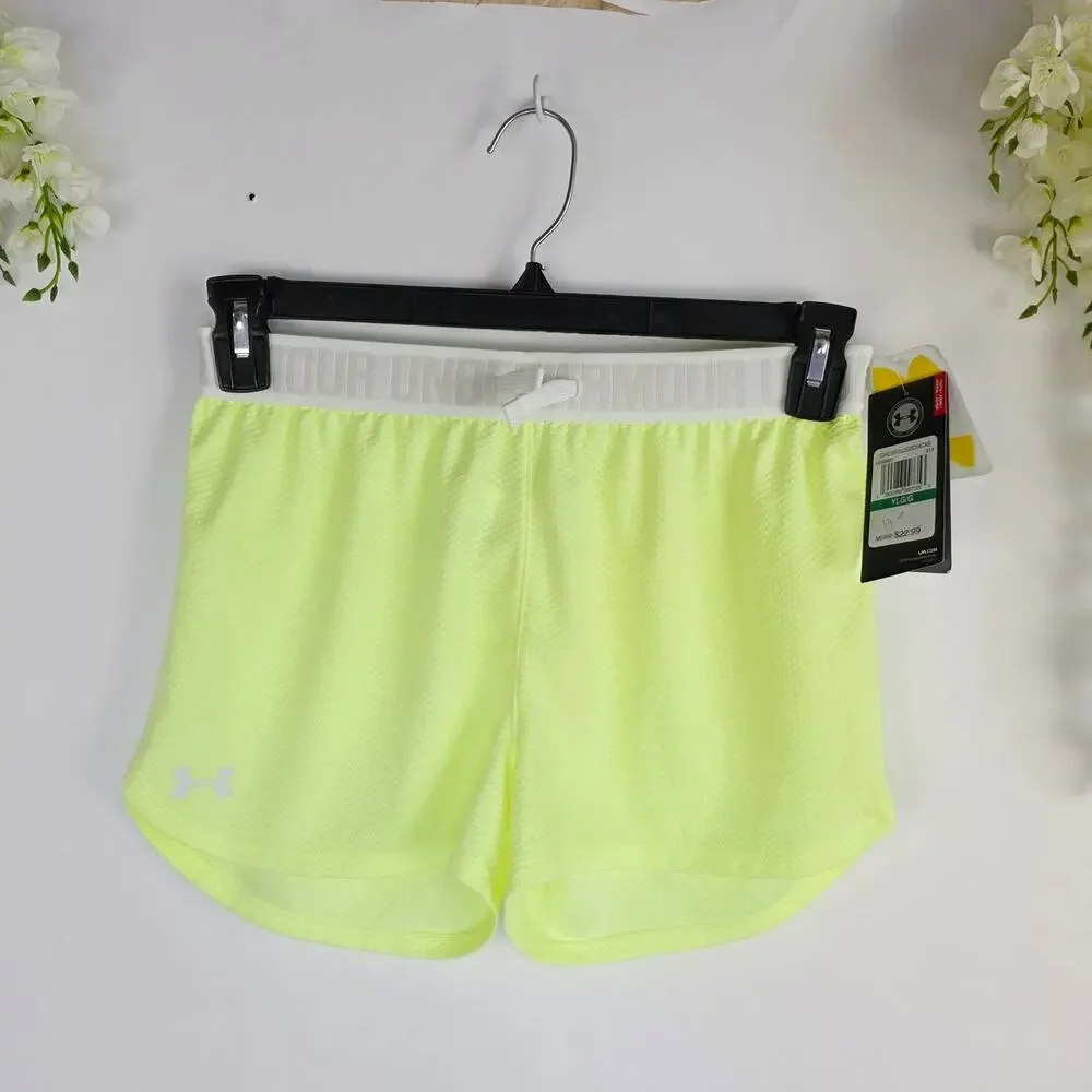 New Under Armour Girls Shorts YLG Yellow Loose Fit HeatGear Drawstring Athletic